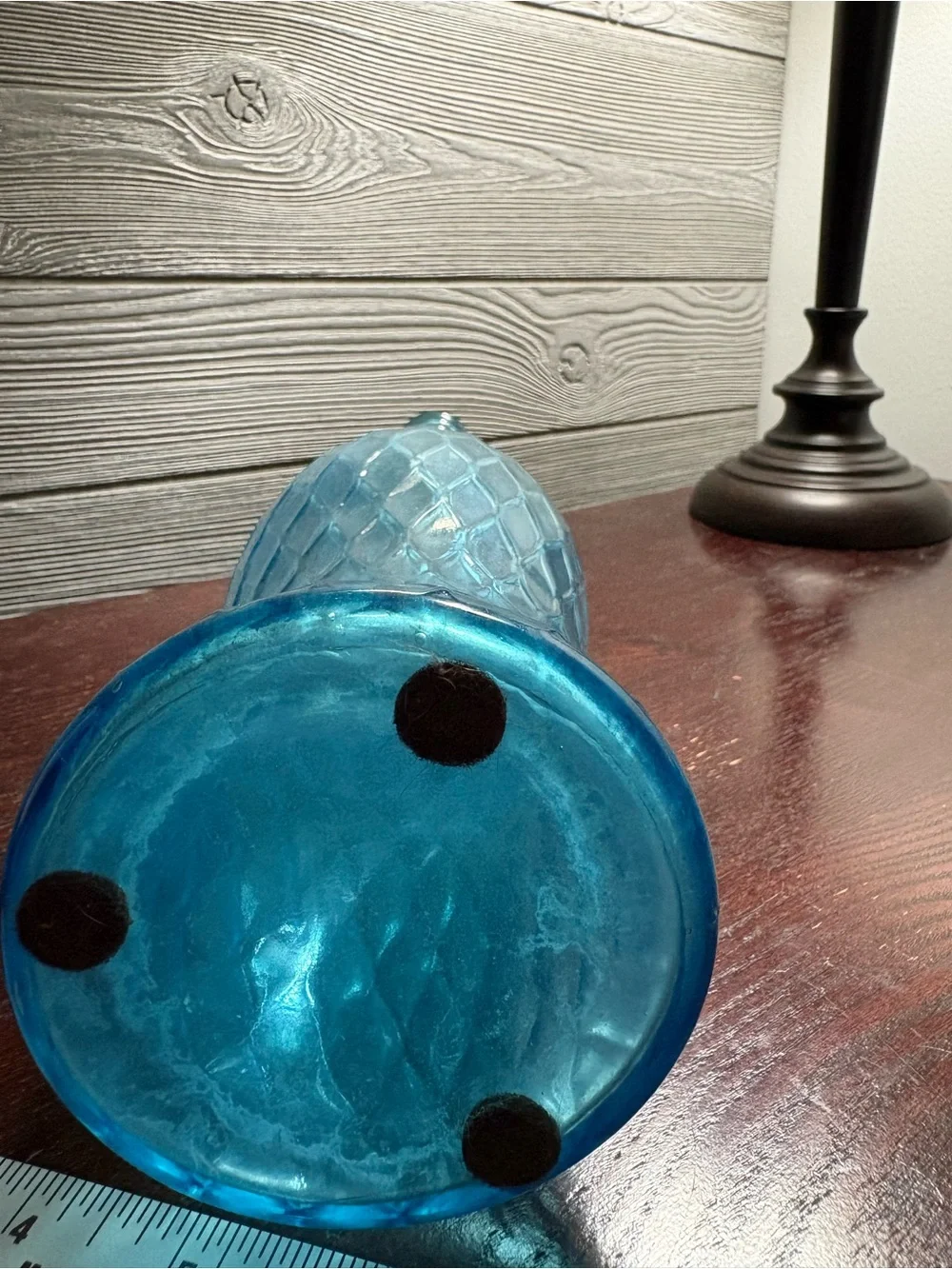 Vintage Blue Glass Decanter 100% recycled glass with a textured diamond pattern.